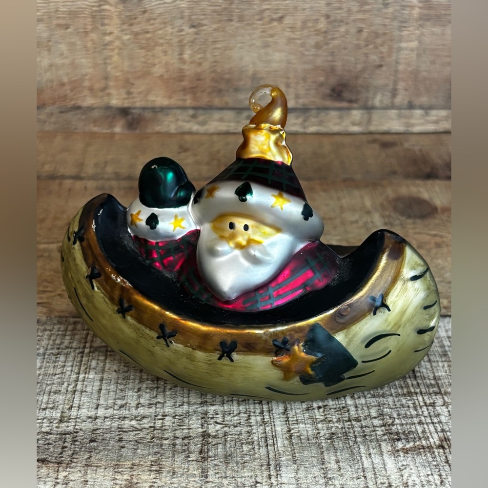 Vintage Santa Claus In Canoe Glass Christmas Tree Ornament Rustic Lake